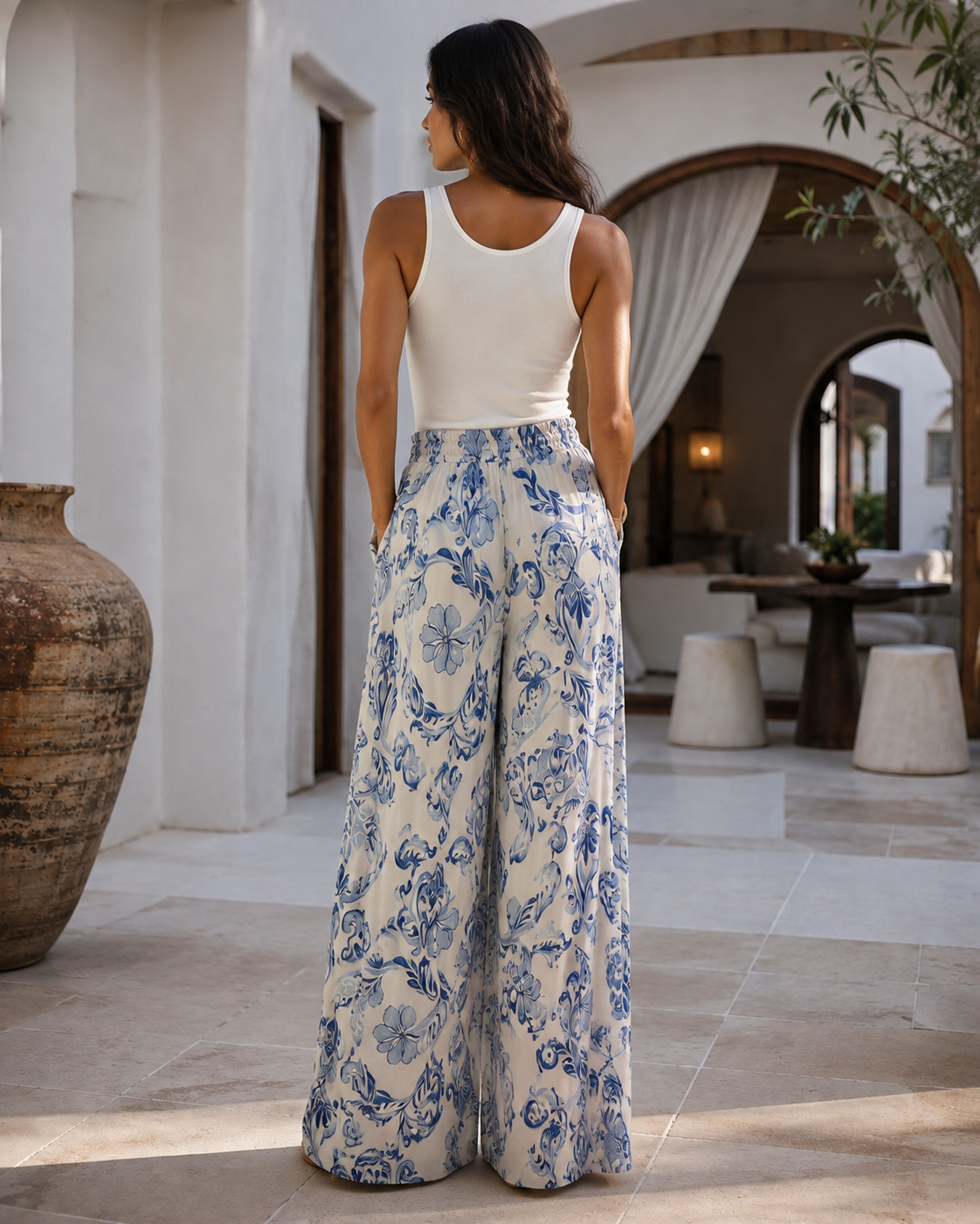 Calça Pantalona Estampada Azul