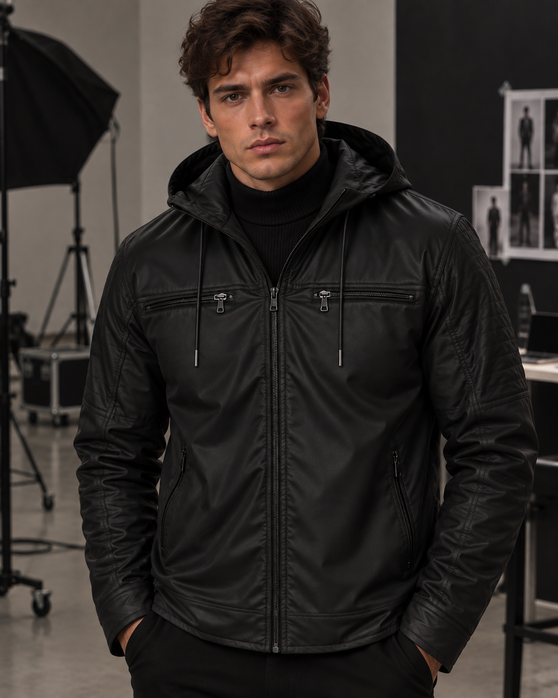 Jaqueta Masculina PU com Capuz