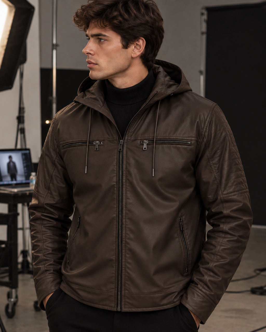 Jaqueta Masculina PU com Capuz