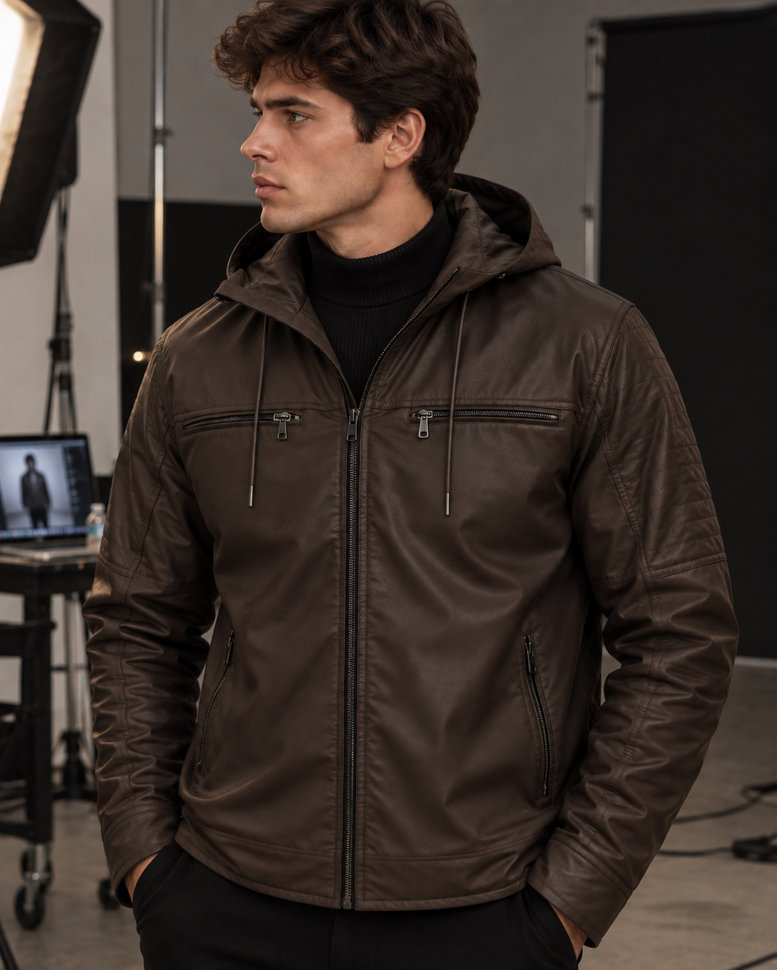 Jaqueta Masculina PU com Capuz
